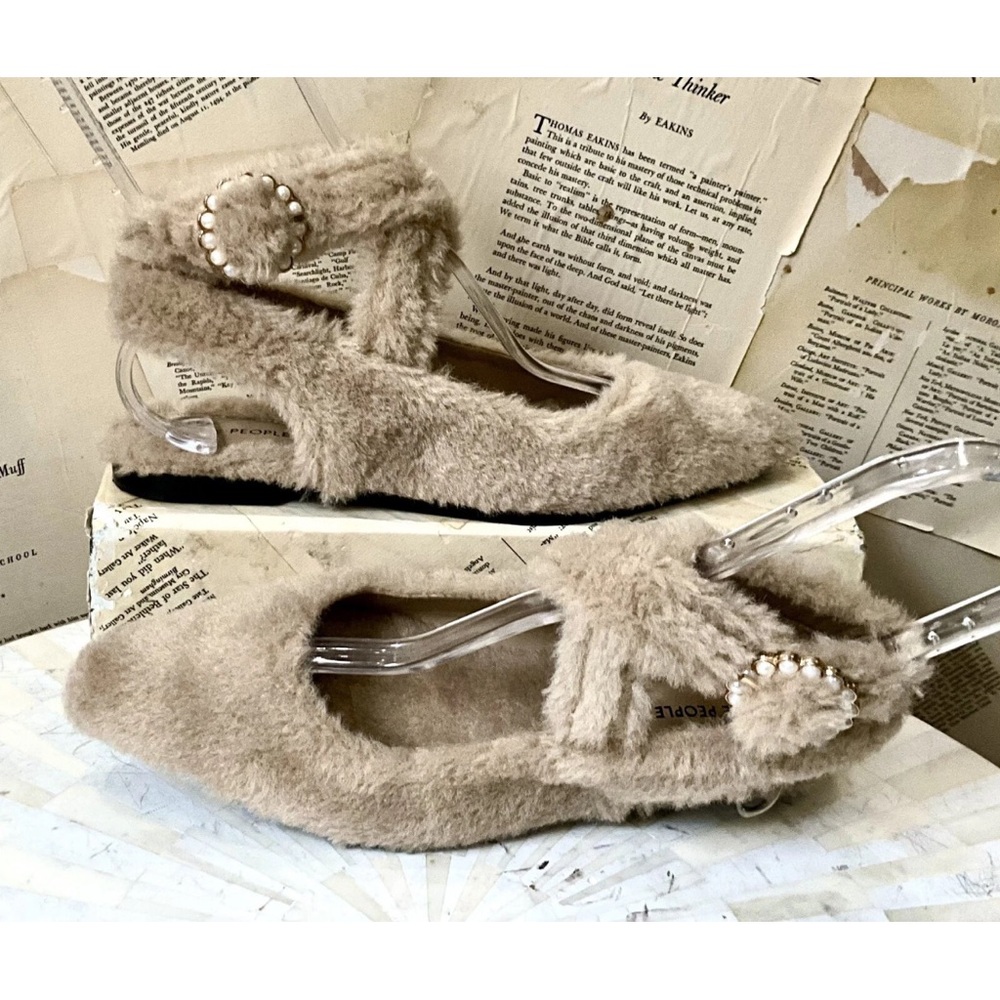 Free People Faux Shearling Parisa Pointed Flats Almond Tan Pearl Buckle - Picture 5 of 9